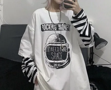 Fashionkova  Harajuku Loose T-Shirts For Women Spring Autumn Female T-Shirt Casual O-Neck Stripe Long Sleeve Oversized Top Hip Hop Streetwear