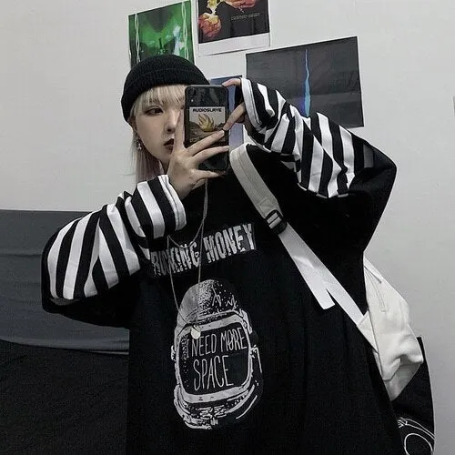 Fashionkova  Harajuku Loose T-Shirts For Women Spring Autumn Female T-Shirt Casual O-Neck Stripe Long Sleeve Oversized Top Hip Hop Streetwear