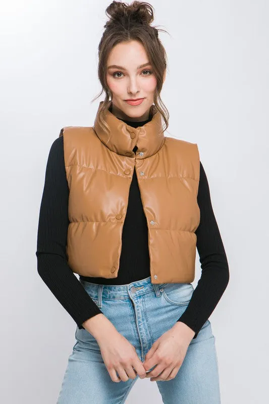 Faux Leather puffer vest With Snap Button