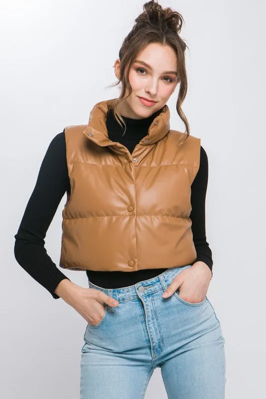 Faux Leather puffer vest With Snap Button