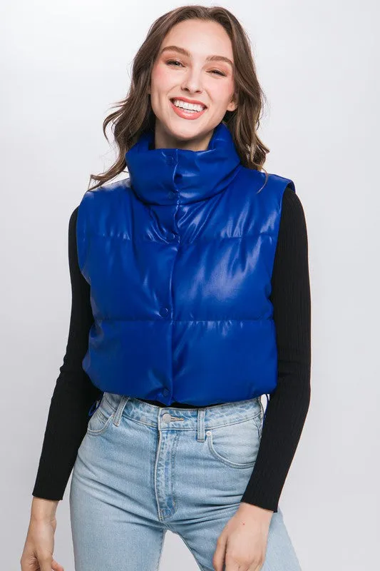 Faux Leather puffer West With Snap Button