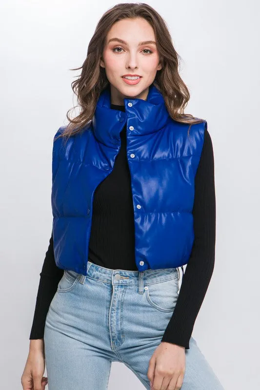 Faux Leather puffer West With Snap Button