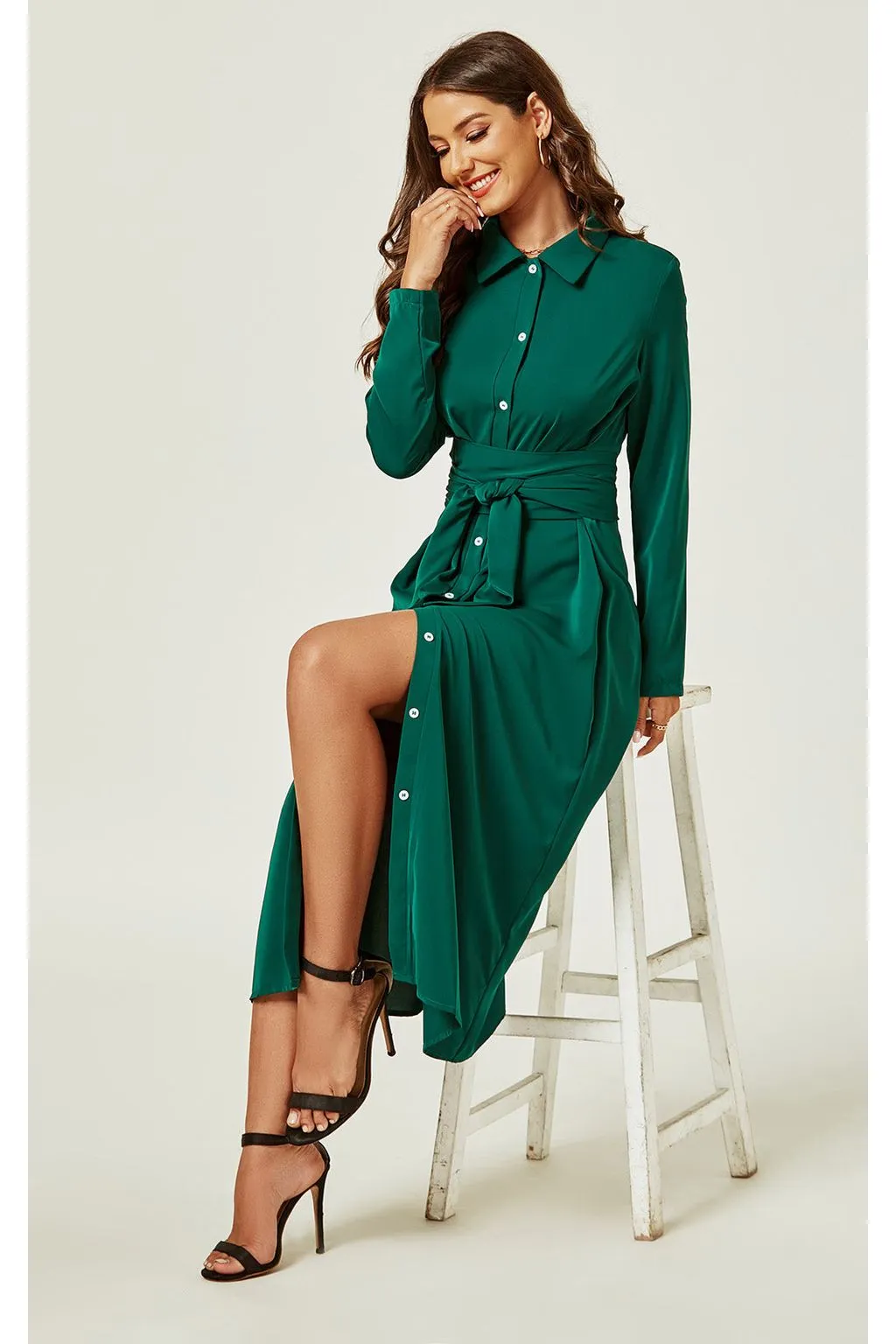 FS Collection Shirt Midi Wrap Dress In Green