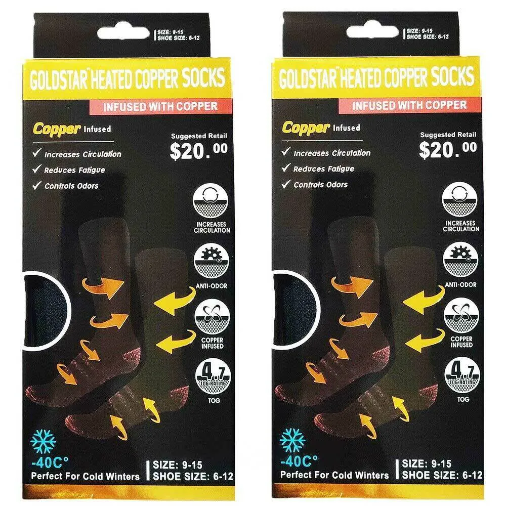 Goldstar Heated Copper Socks Black Athletic Relief Size: 9-15 (2 Pack)