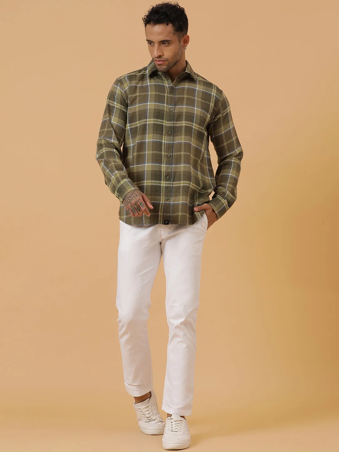 Green Check Cotton Flannel Party Wear Shirt