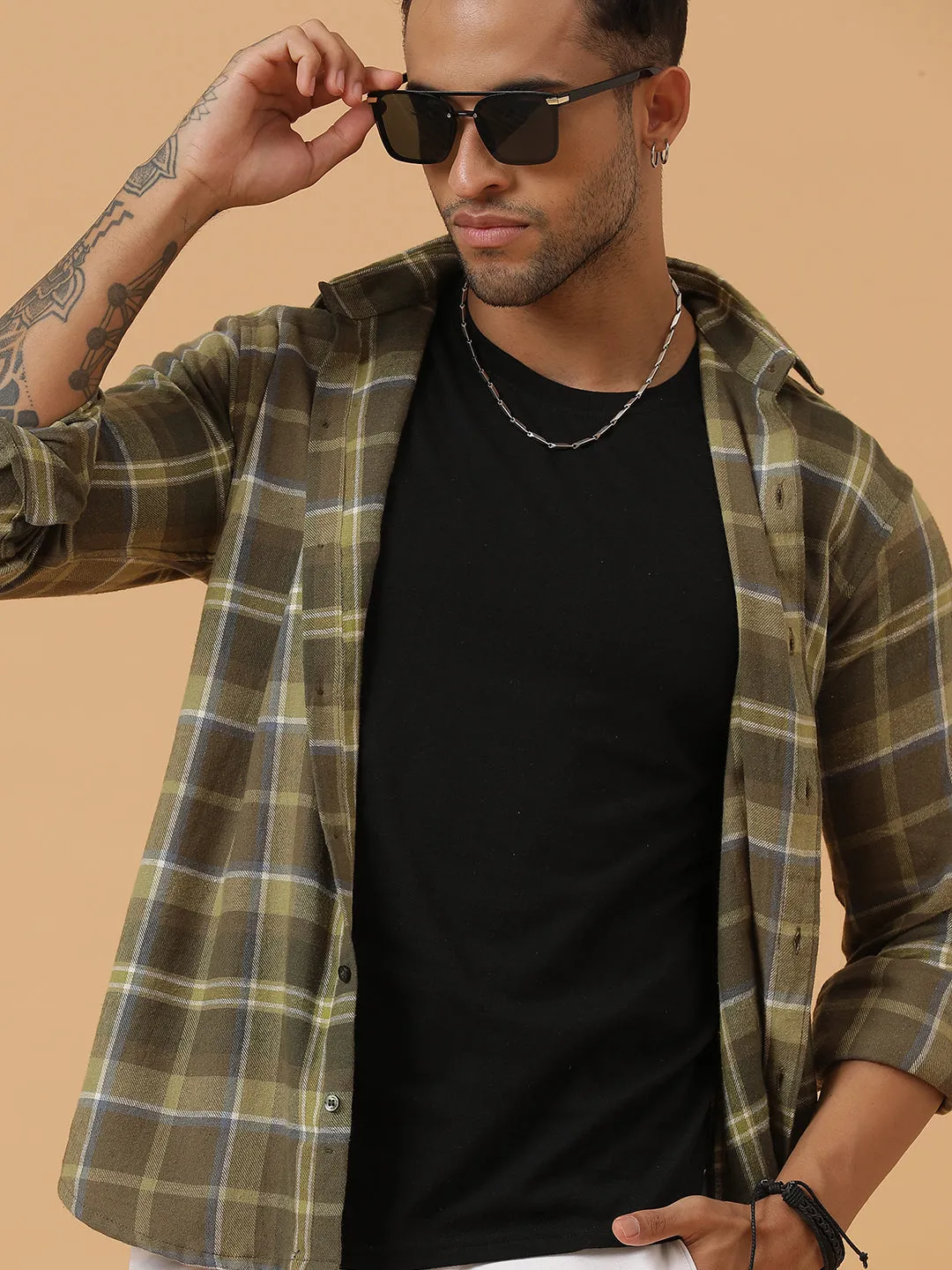 Green Check Cotton Flannel Party Wear Shirt