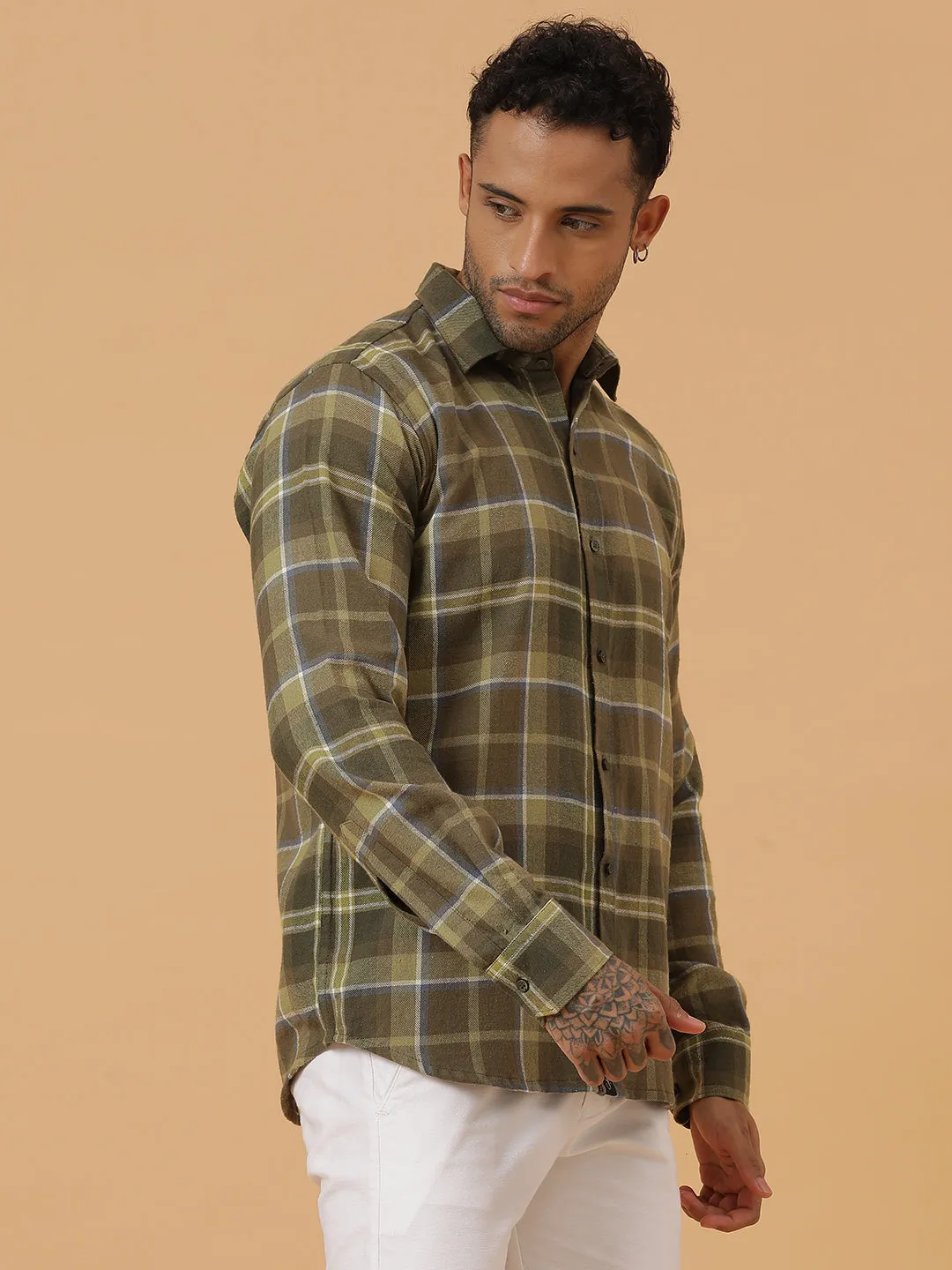 Green Check Cotton Flannel Party Wear Shirt