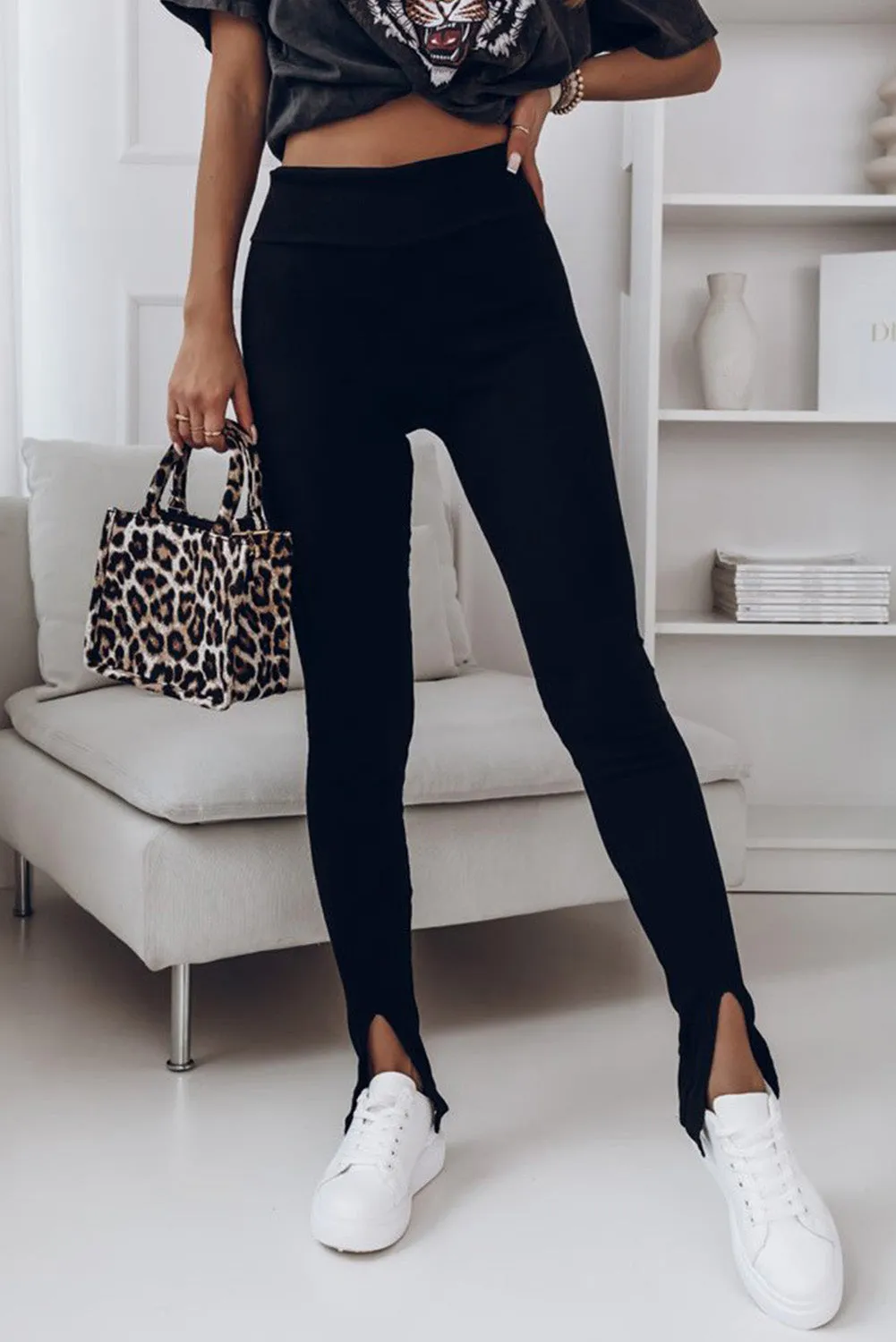 High Waisted Ribbed Black Leggings