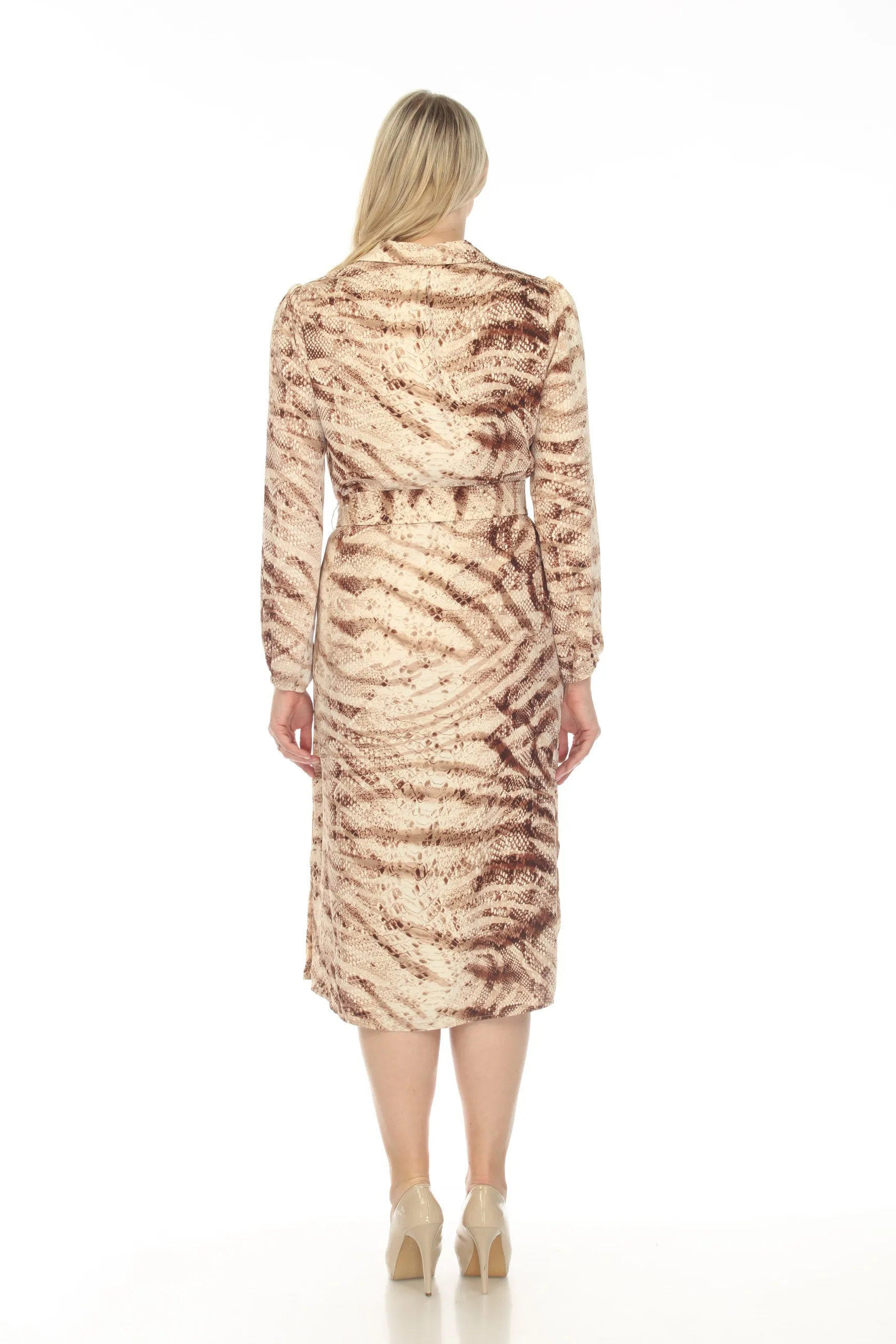 Joseph Ribkoff Beige/Multi Snakeskin Print Belted Midi Shirt Dress 233259