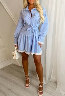 Lacy Love Blue Lace Trim Frilled Belted Shirt Dress