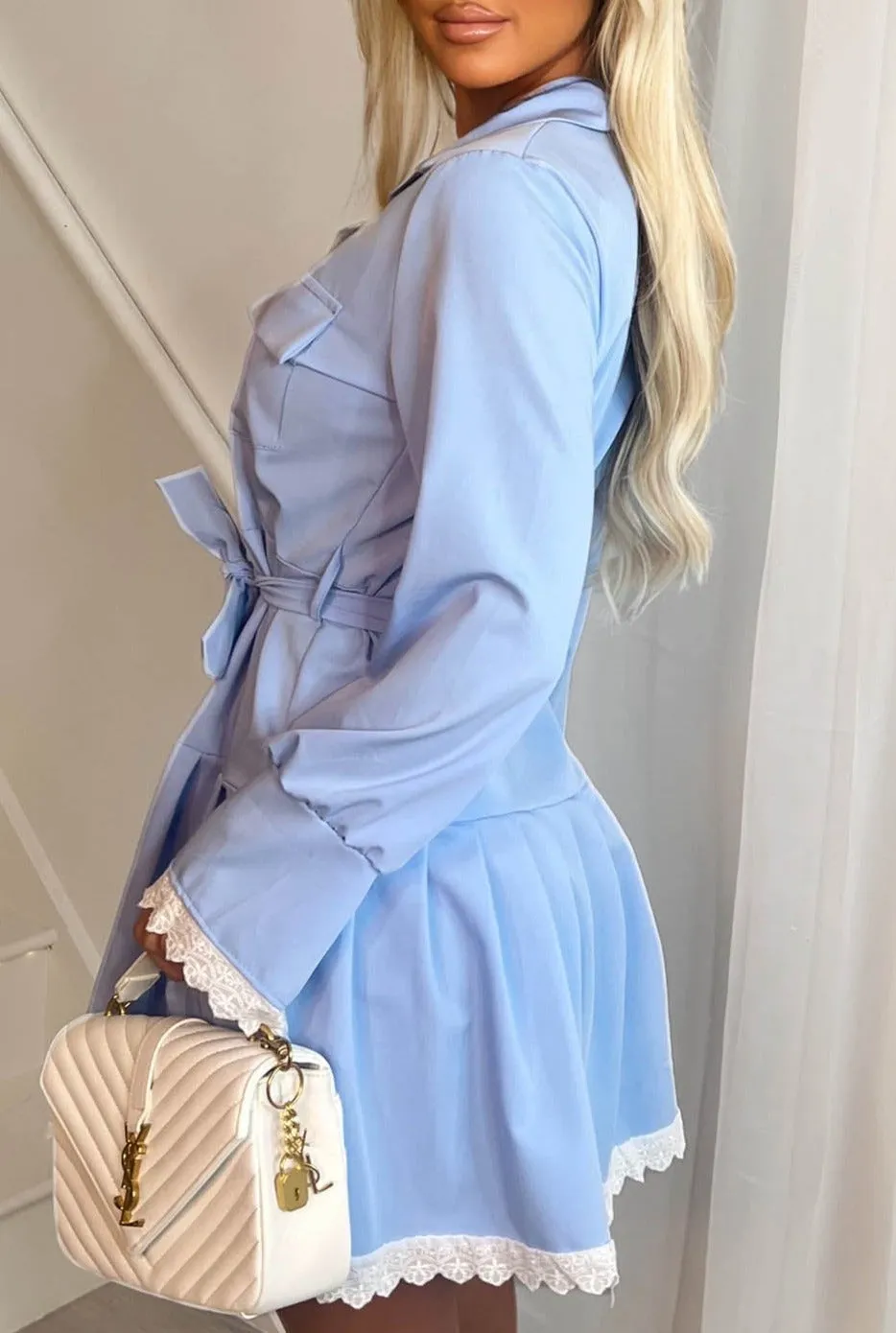 Lacy Love Blue Lace Trim Frilled Belted Shirt Dress