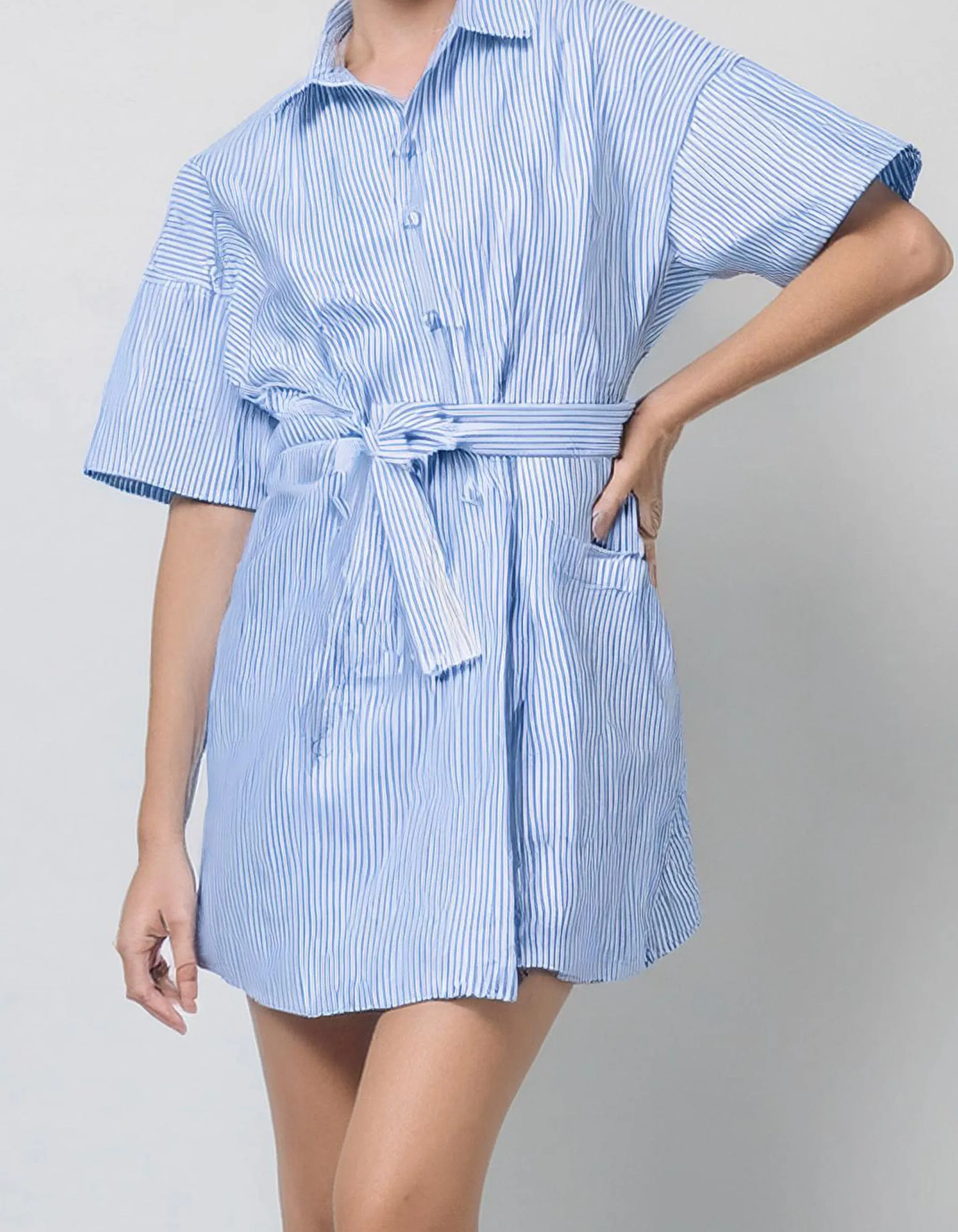 Light Blue Belted Mini Shirt Dress