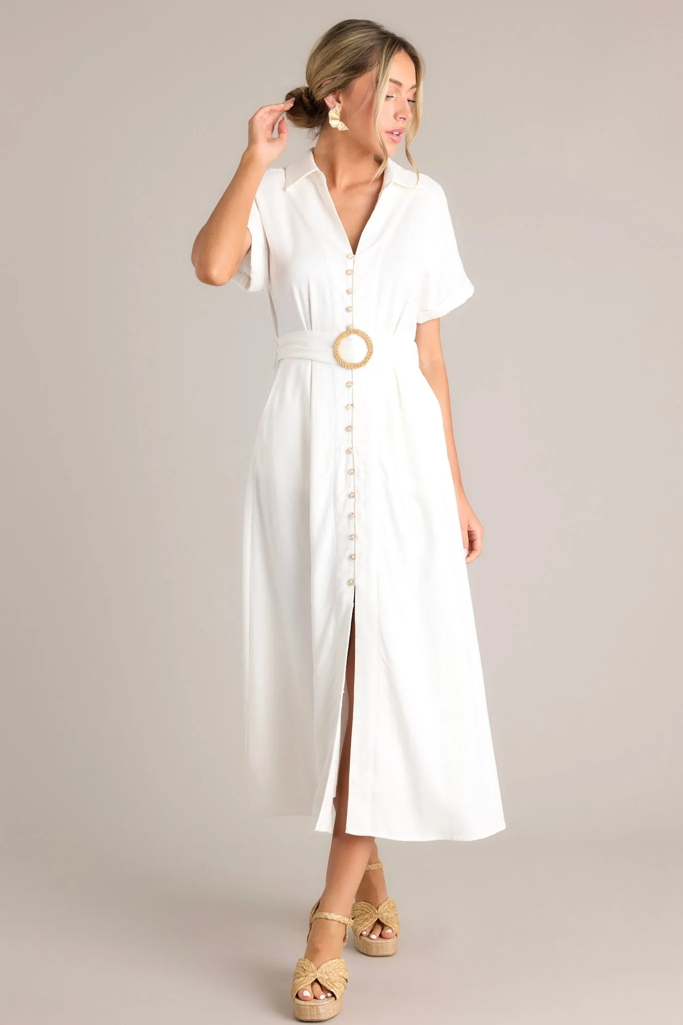 Lily Glow Ivory Button Front Belted Maxi Dress