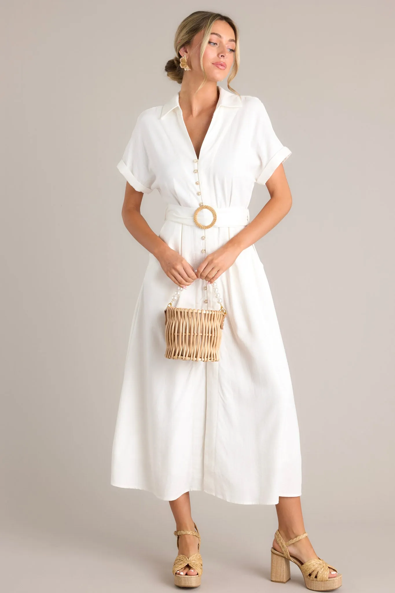 Lily Glow Ivory Button Front Belted Maxi Dress