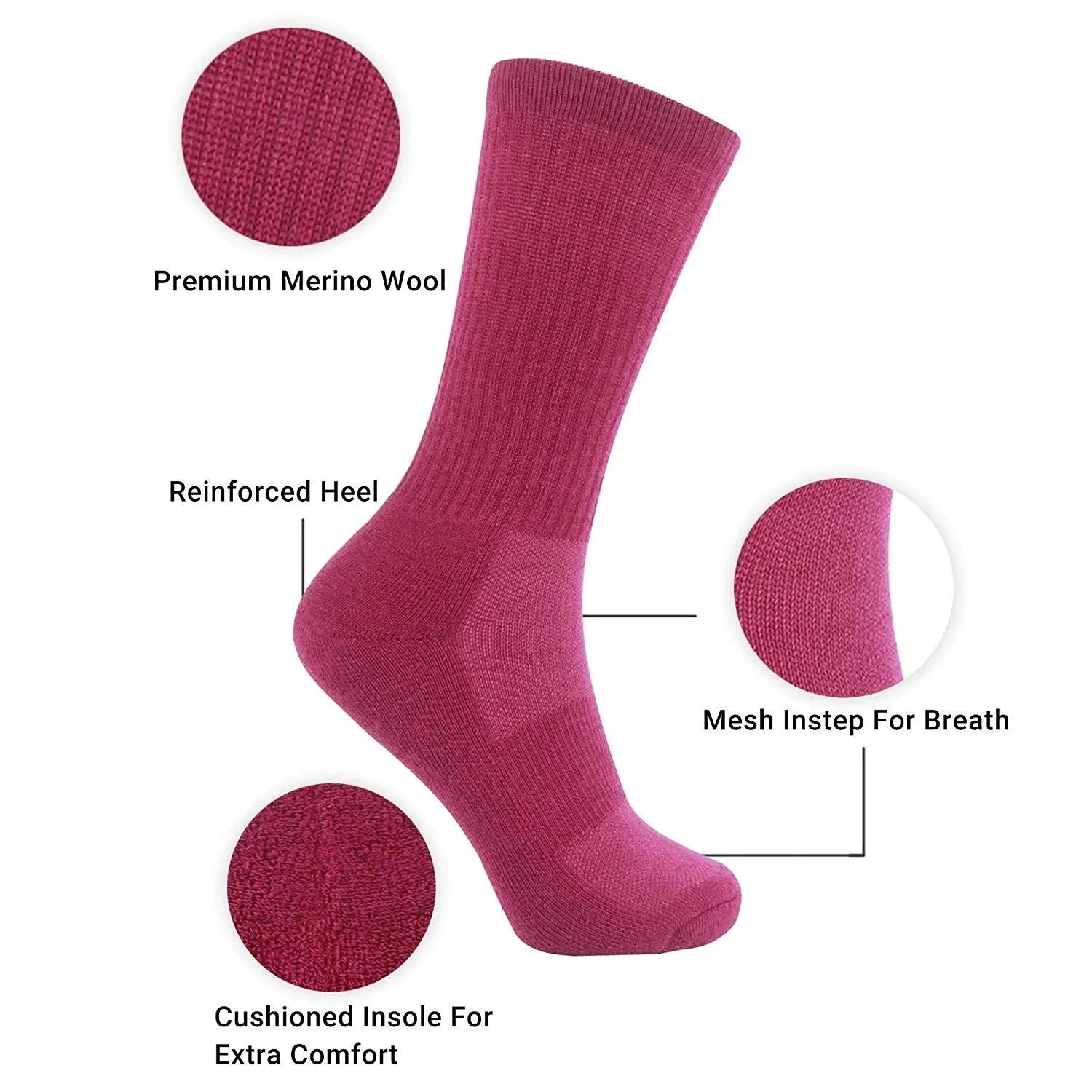 MD Merino Wool Thermal Winter Hiking Crew Socks Cushioned