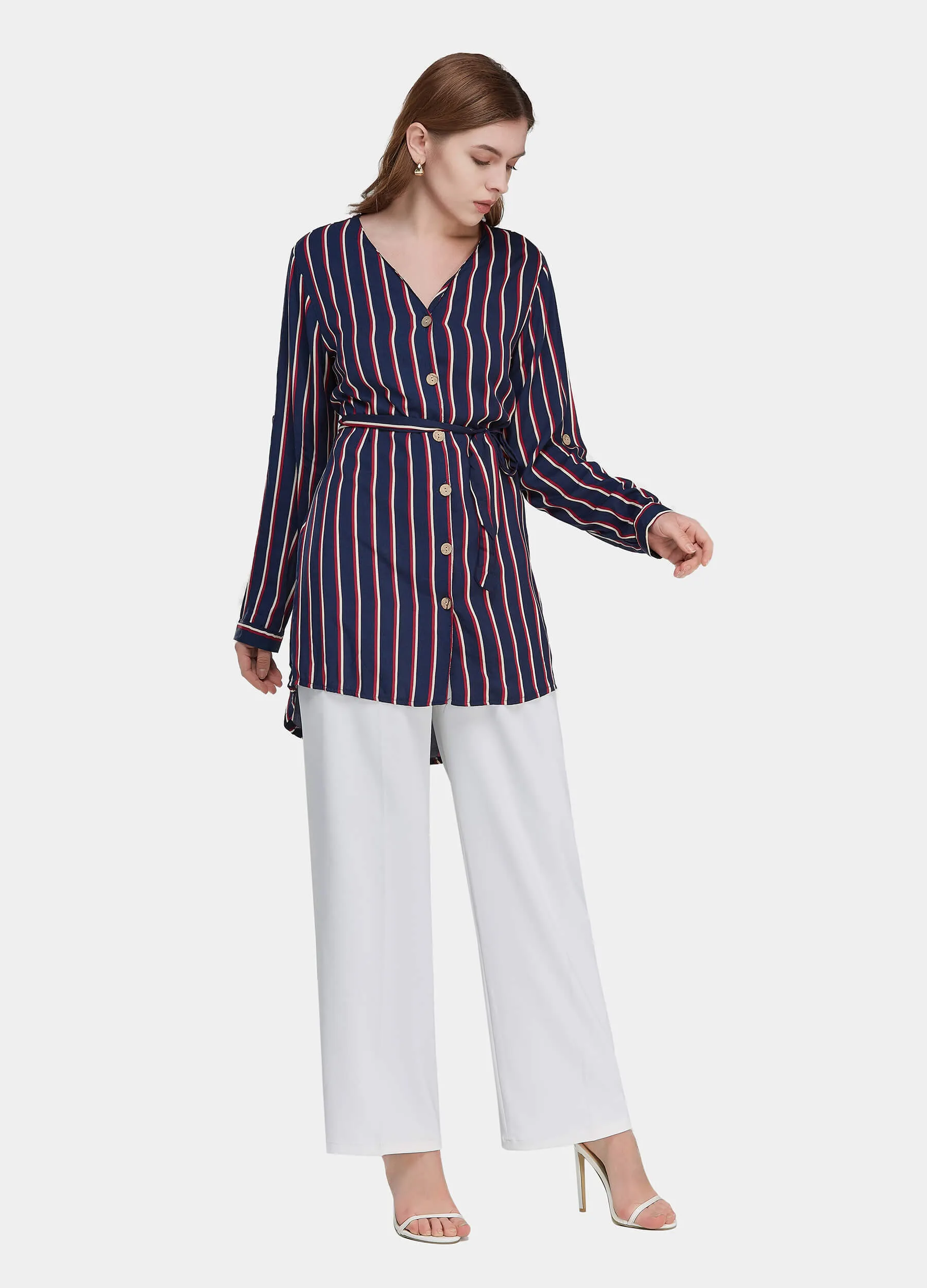 MECALA Women's High Low Hem Button Down Stripe Shirt