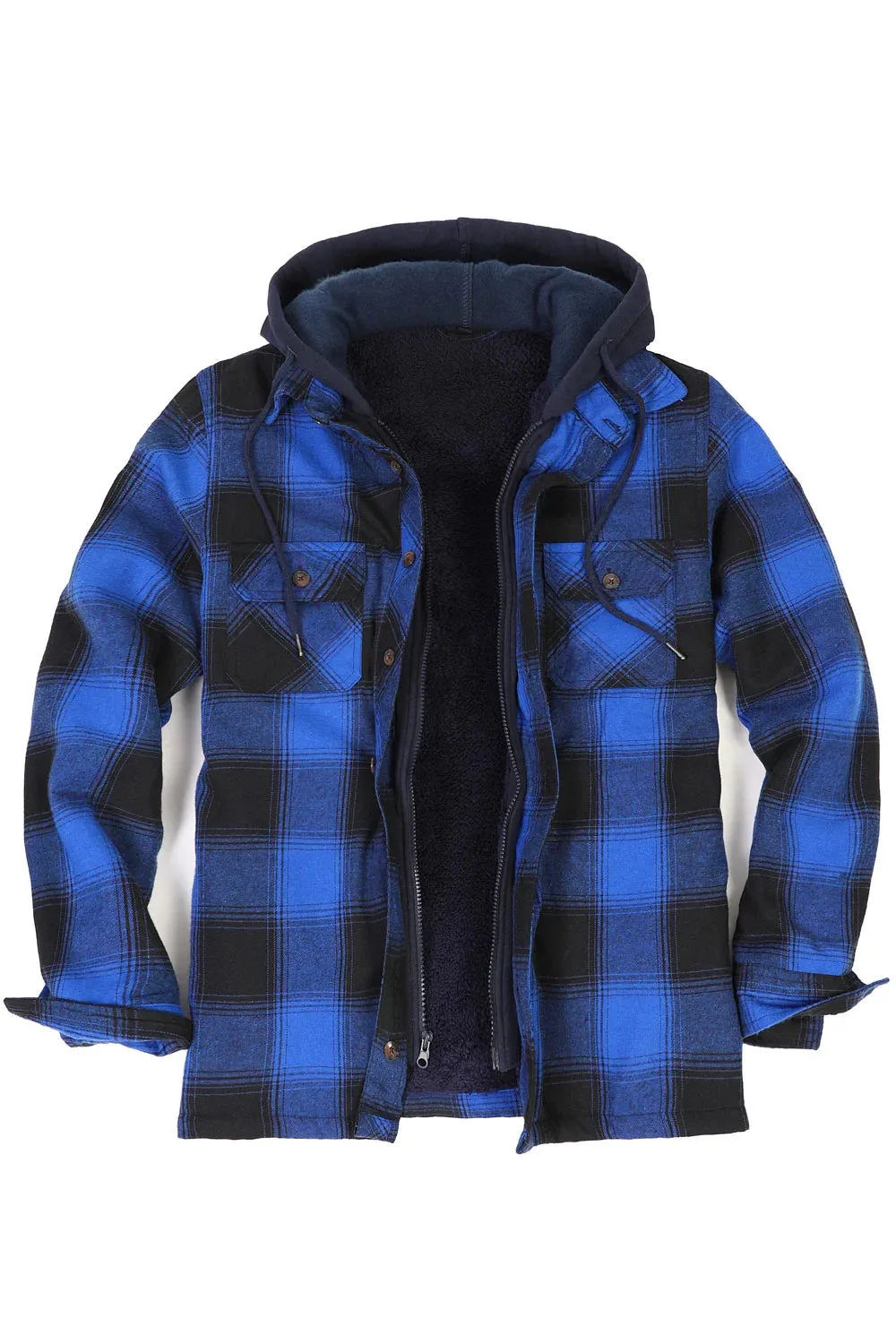 Men's Fuzzy Sherpa Lined Zip Up Plaid Flannel Shirt Jacket with Hood