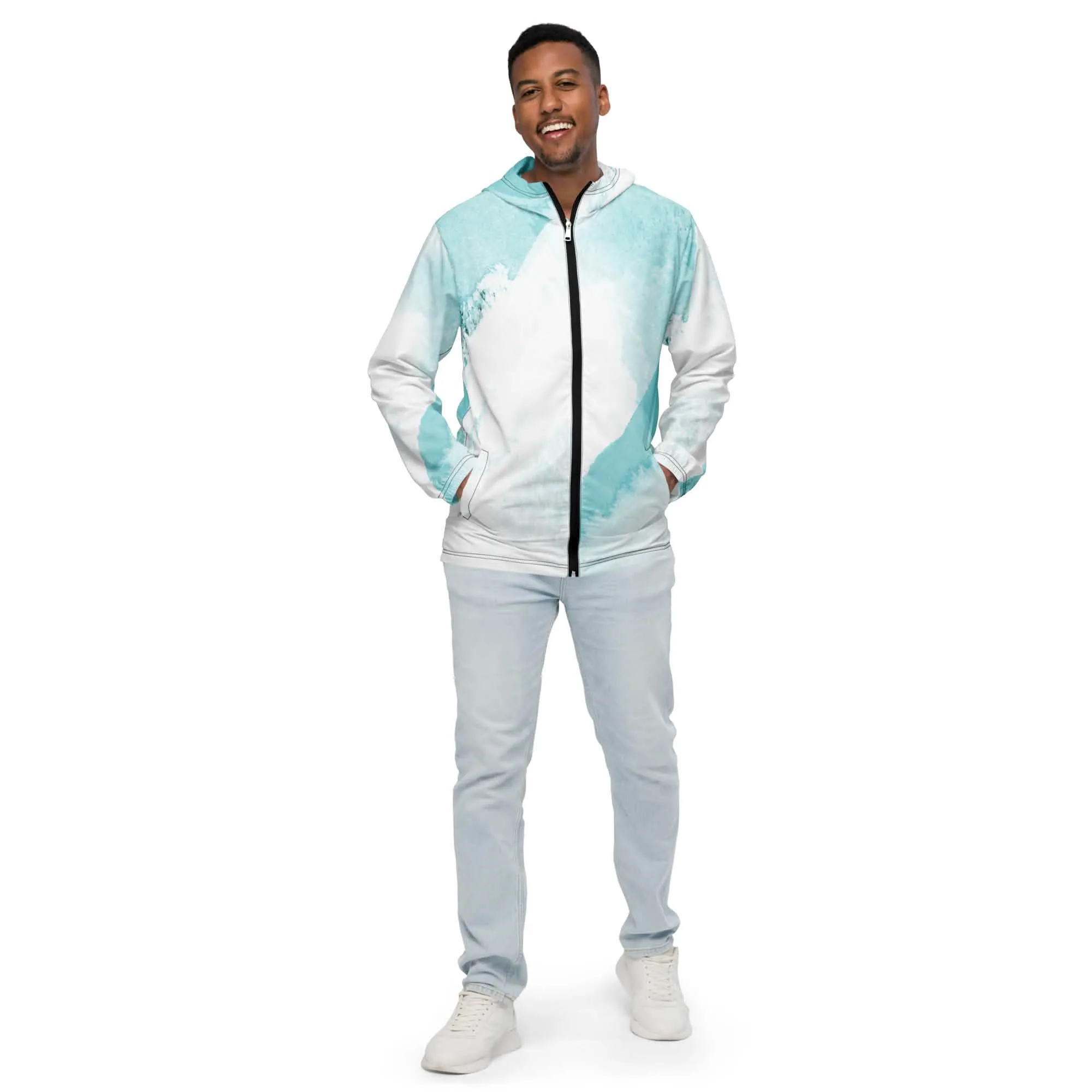 Men's Sleek Ocean Blue Abstract Print Hooded Windbreaker Jacket