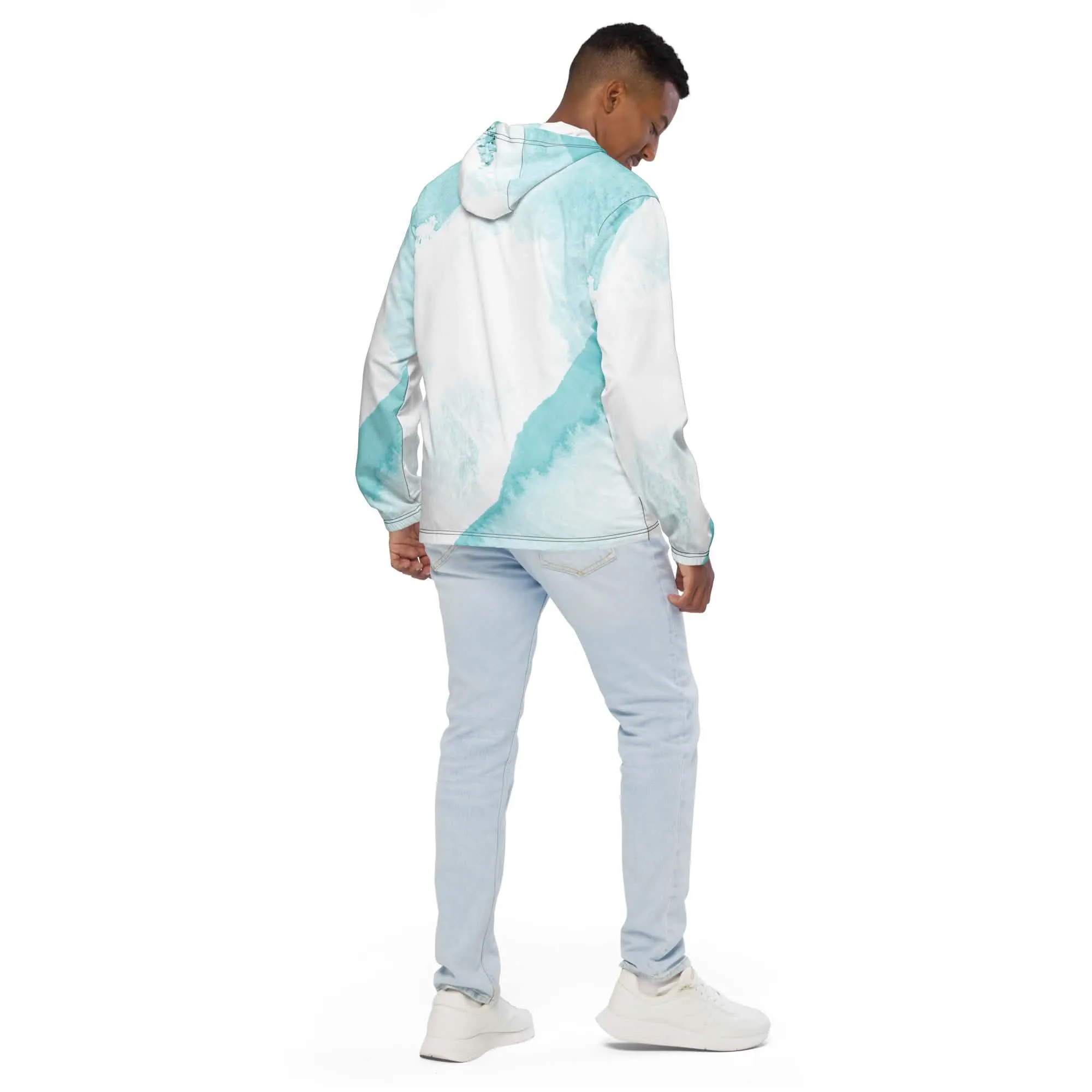 Men's Sleek Ocean Blue Abstract Print Hooded Windbreaker Jacket