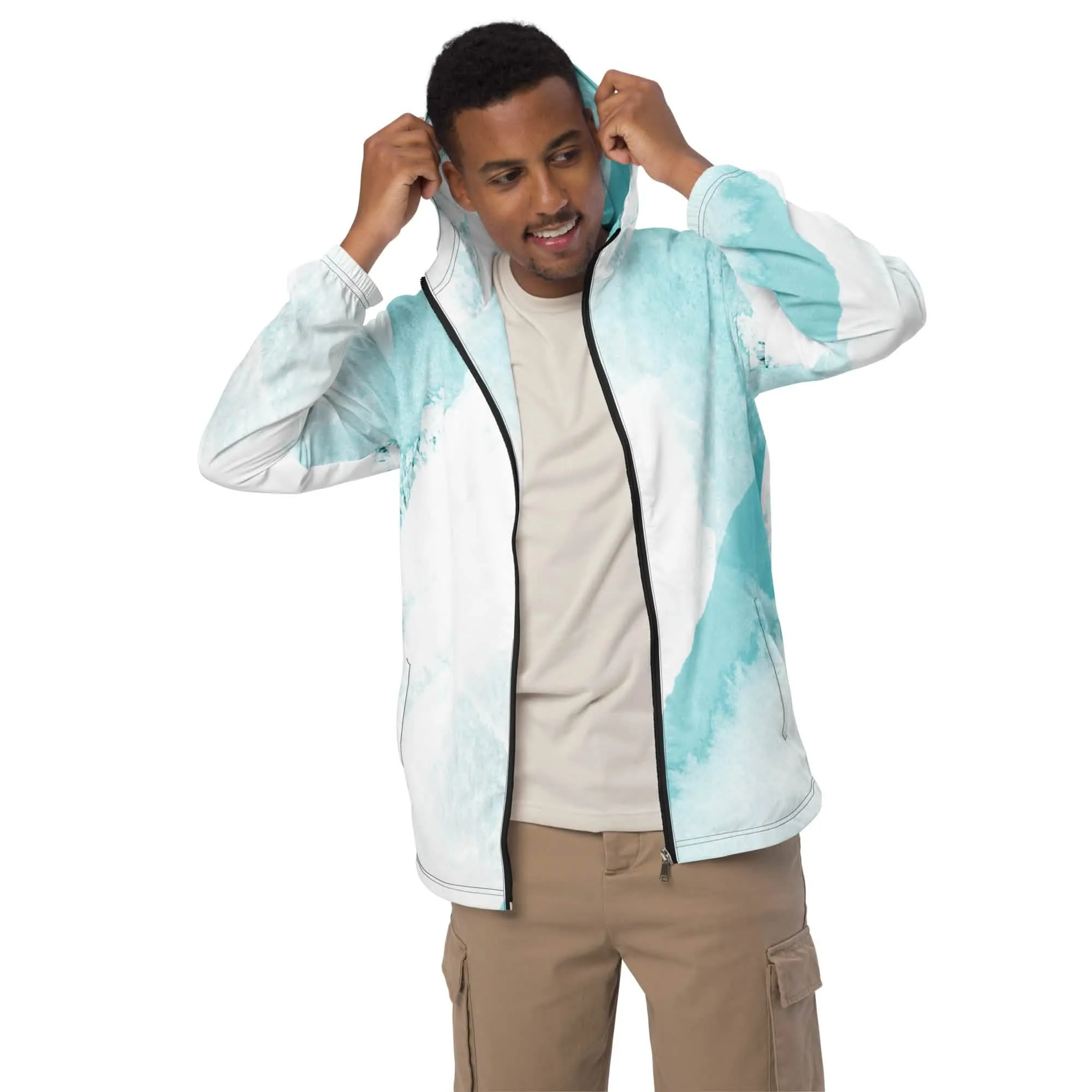 Men's Sleek Ocean Blue Abstract Print Hooded Windbreaker Jacket