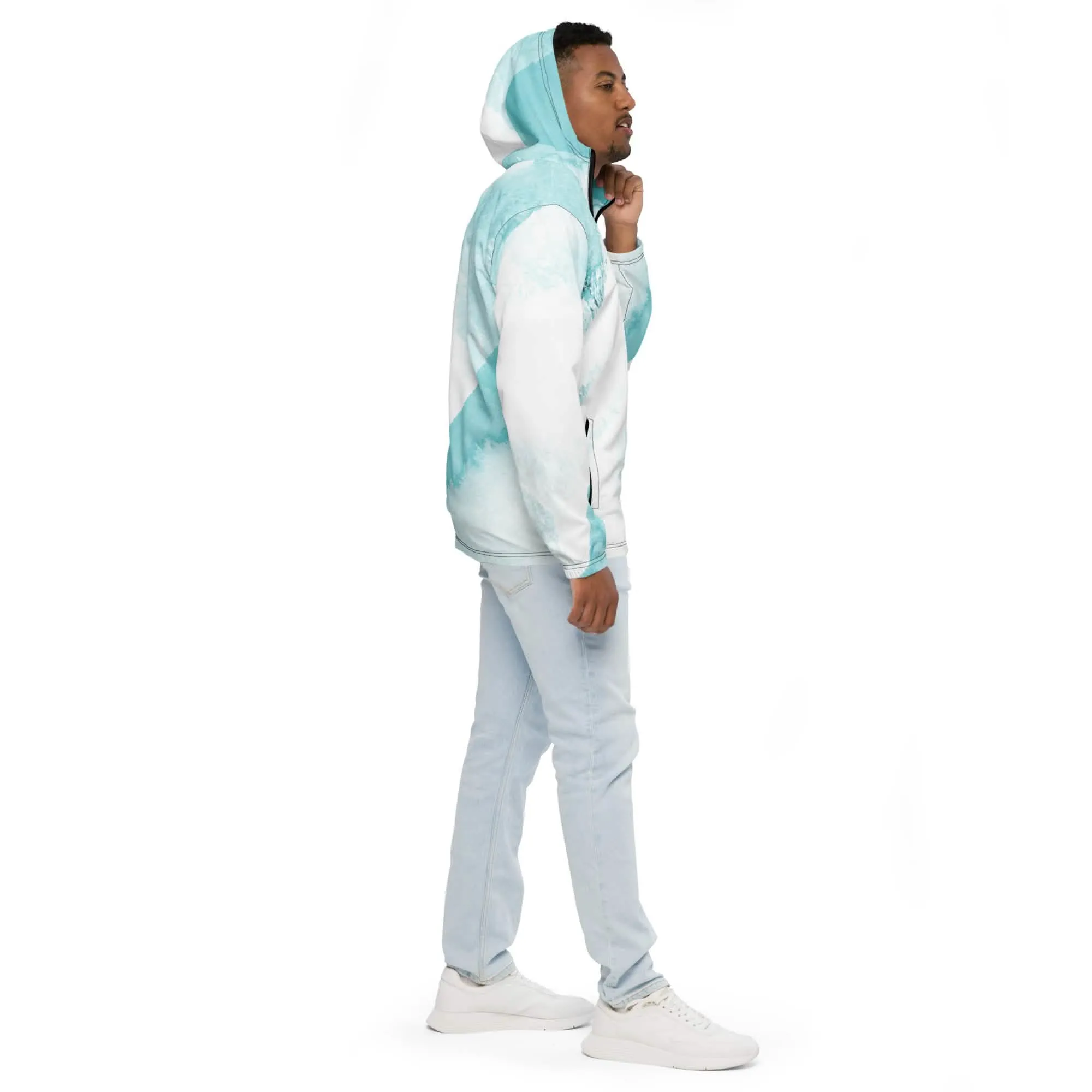 Men's Sleek Ocean Blue Abstract Print Hooded Windbreaker Jacket