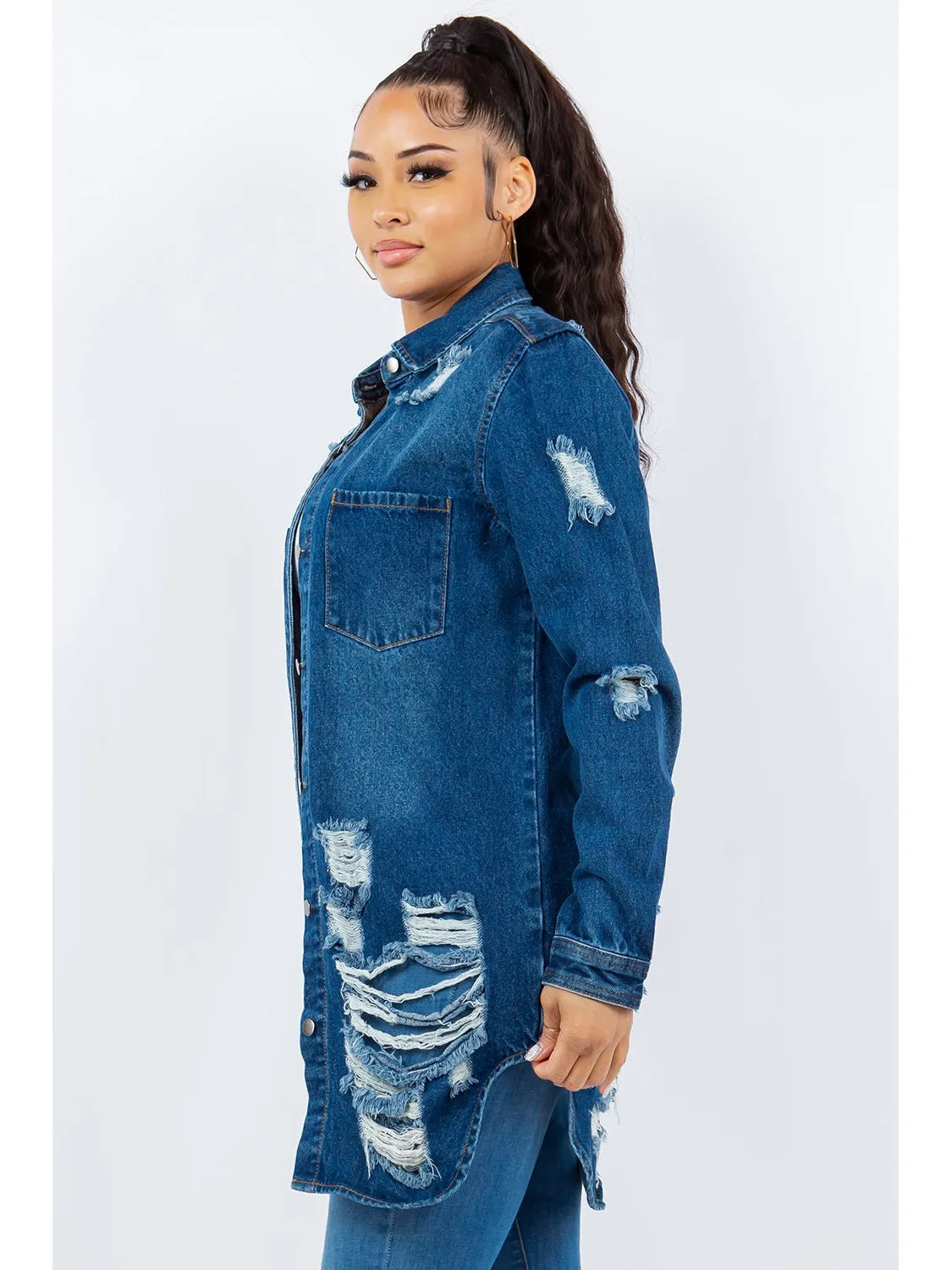 NicholesGifts Women American Bazi Distressed Button Up Long Sleeve Denim Jacket