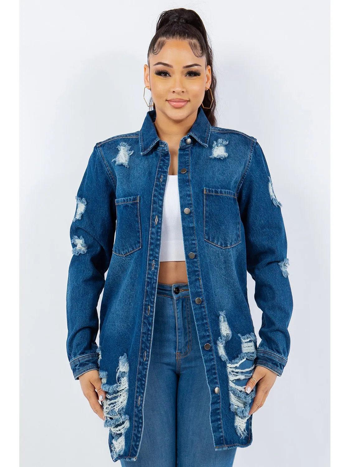 NicholesGifts Women American Bazi Distressed Button Up Long Sleeve Denim Jacket