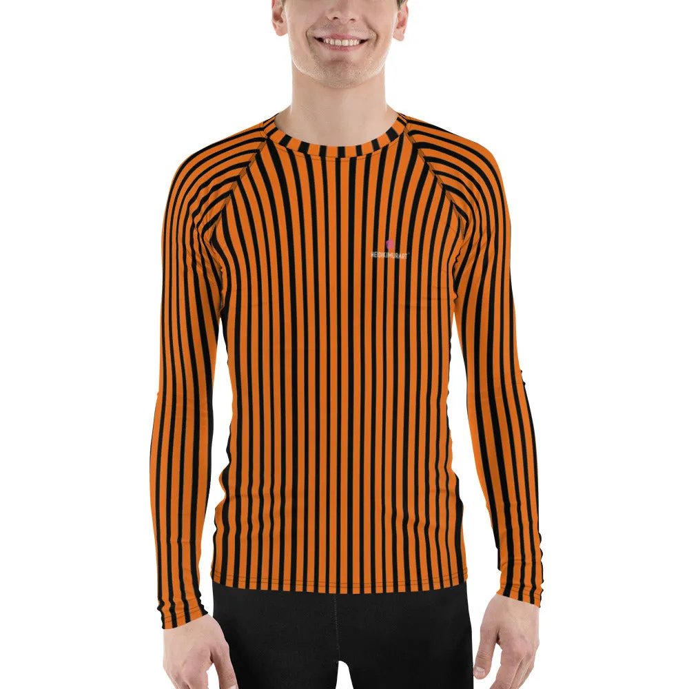 Orange Black Striped Men's Top, Vertical Striped Designer Men's Rash Guards For Water Sports - Made in USA/EU/MX