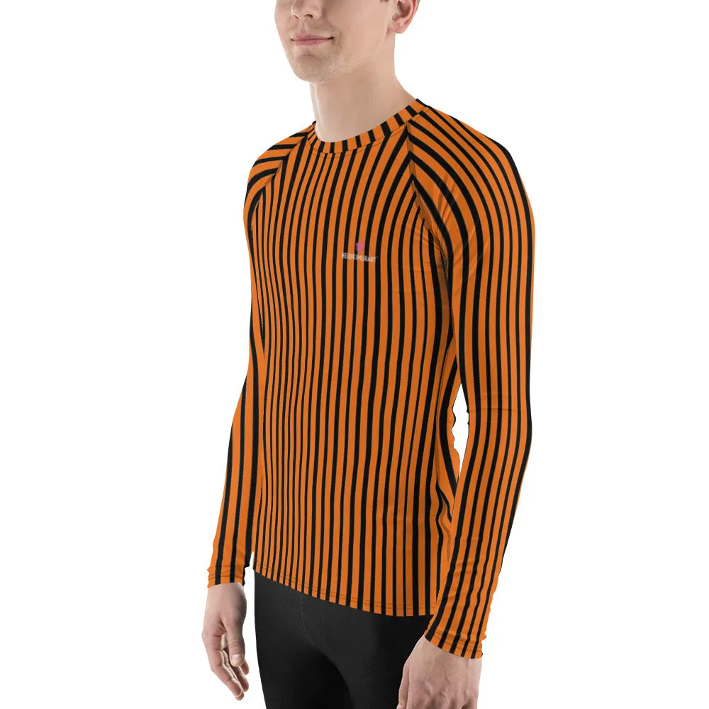 Orange Black Striped Men's Top, Vertical Striped Designer Men's Rash Guards For Water Sports - Made in USA/EU/MX