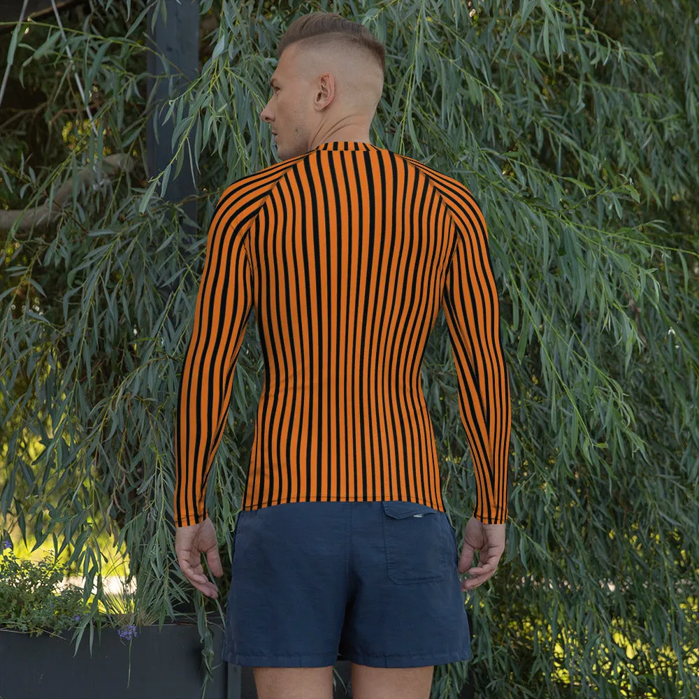 Orange Black Striped Men's Top, Vertical Striped Designer Men's Rash Guards For Water Sports - Made in USA/EU/MX