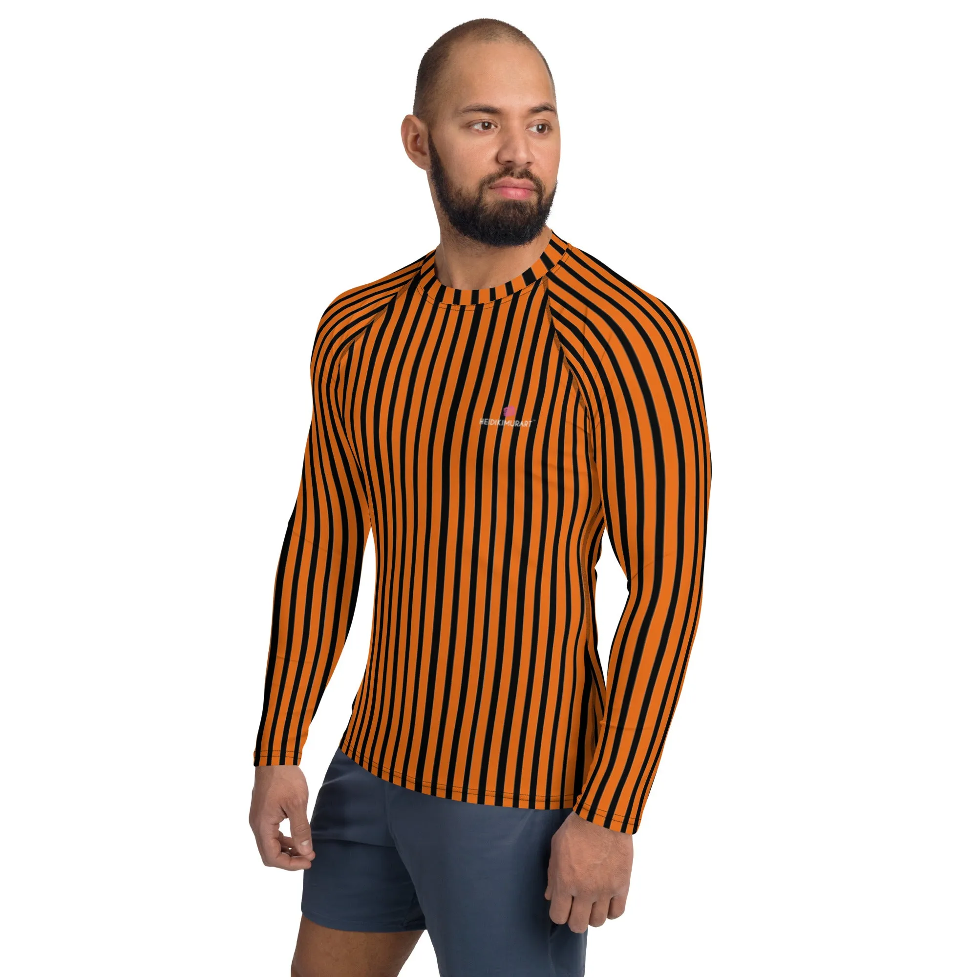 Orange Black Striped Men's Top, Vertical Striped Designer Men's Rash Guards For Water Sports - Made in USA/EU/MX