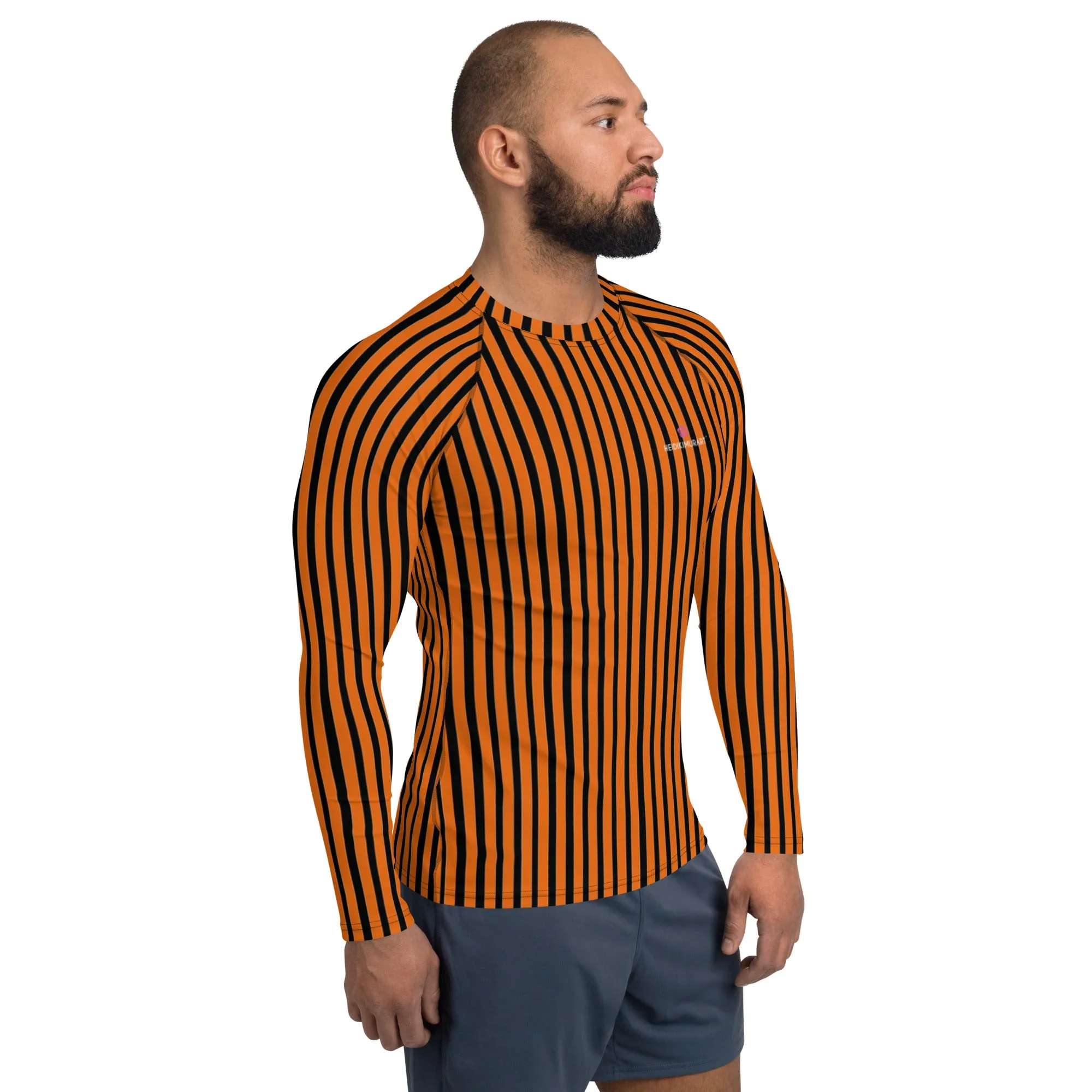 Orange Black Striped Men's Top, Vertical Striped Designer Men's Rash Guards For Water Sports - Made in USA/EU/MX