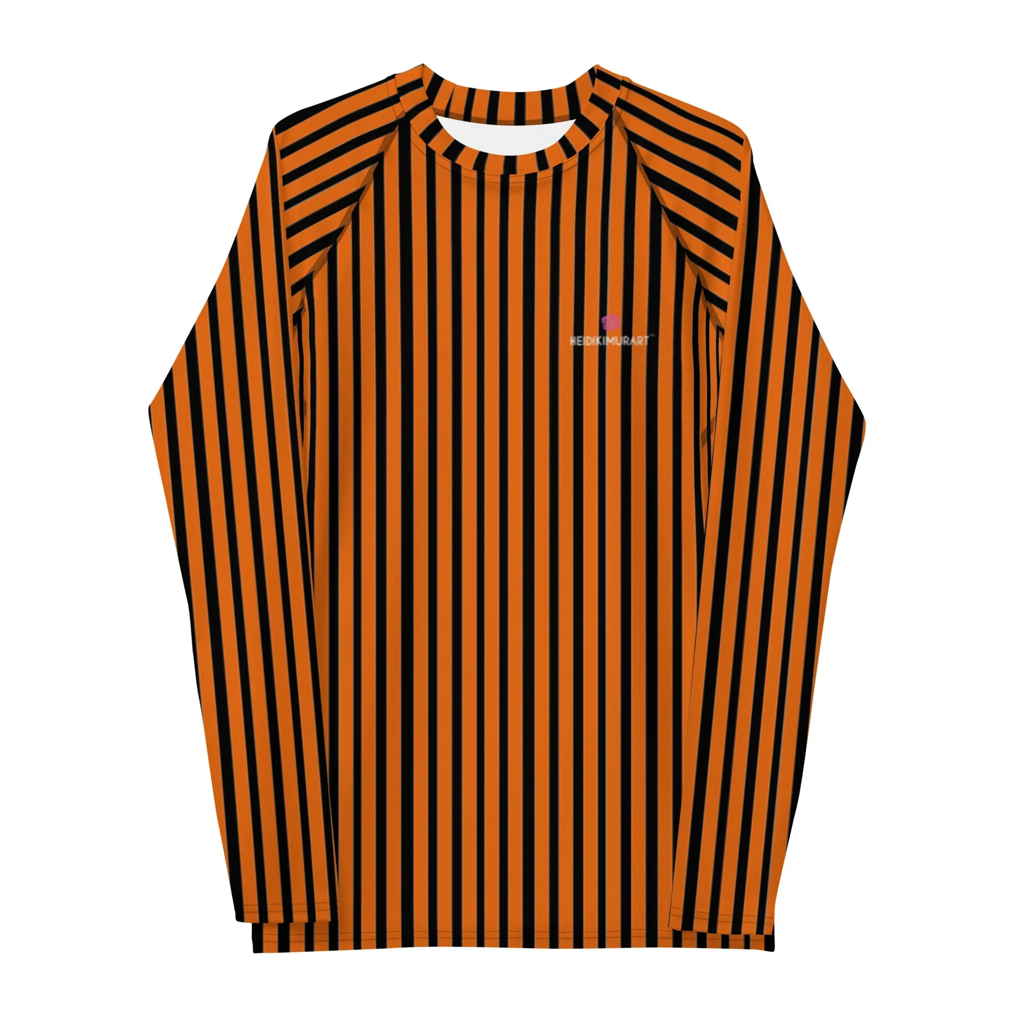 Orange Black Striped Men's Top, Vertical Striped Designer Men's Rash Guards For Water Sports - Made in USA/EU/MX