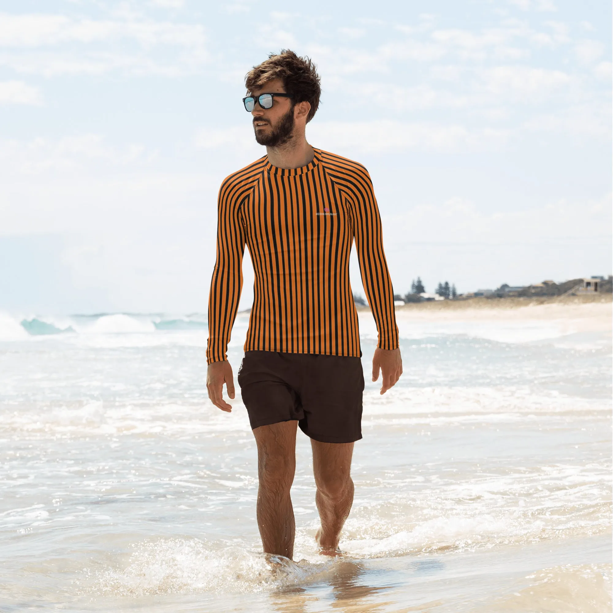 Orange Black Striped Men's Top, Vertical Striped Designer Men's Rash Guards For Water Sports - Made in USA/EU/MX