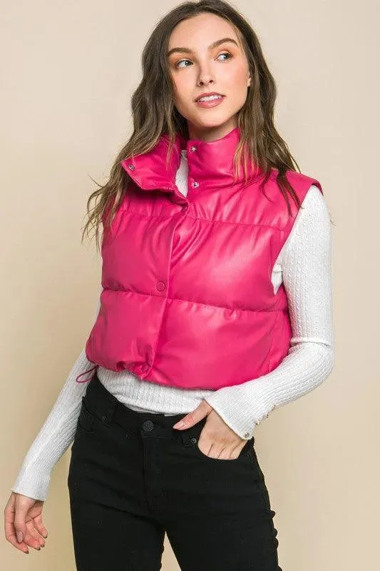 PU Faux Leather Puffer Vest With Snap Button