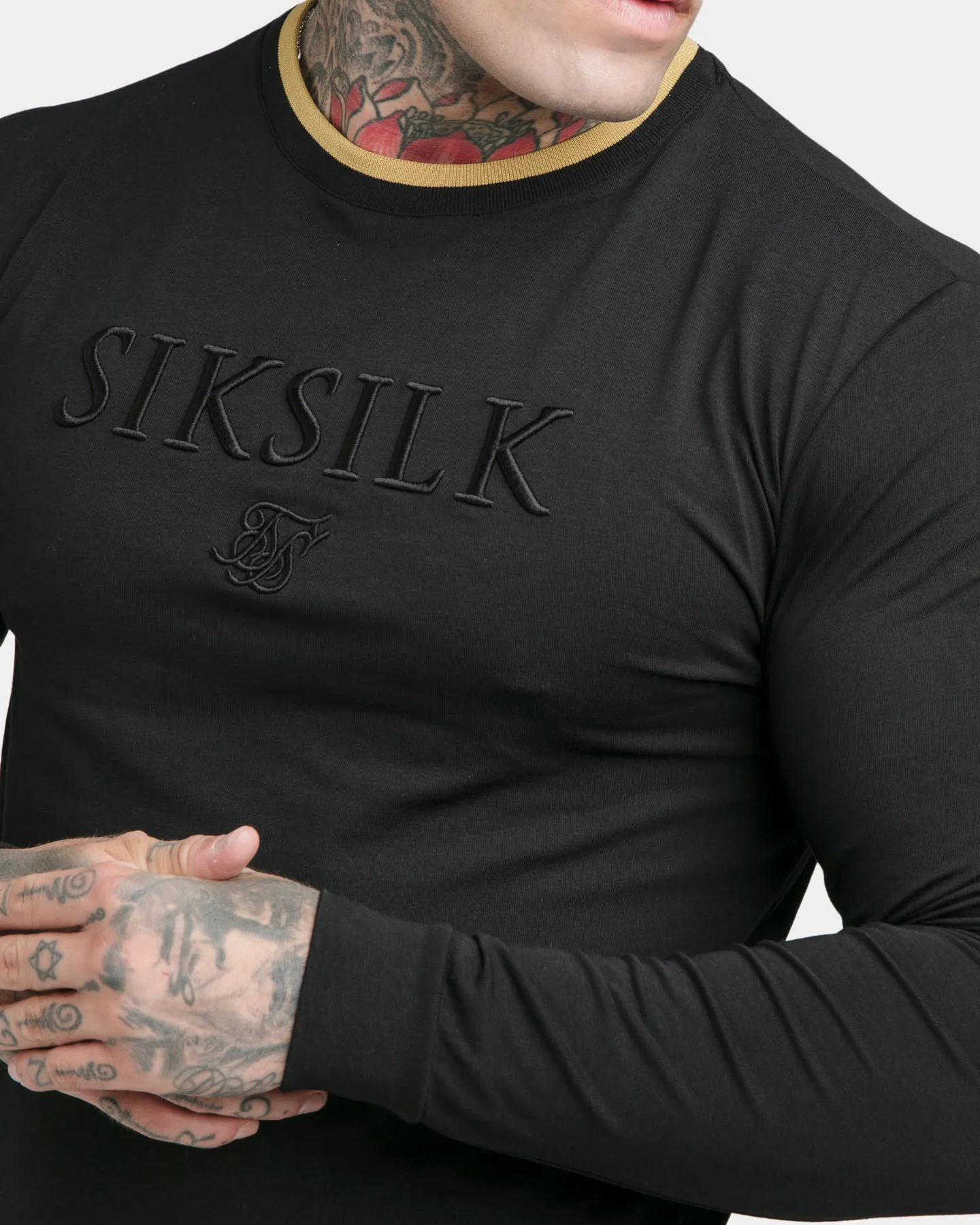 Sik Silk Long Sleeve Rip Collar Gym T-Shirt Black