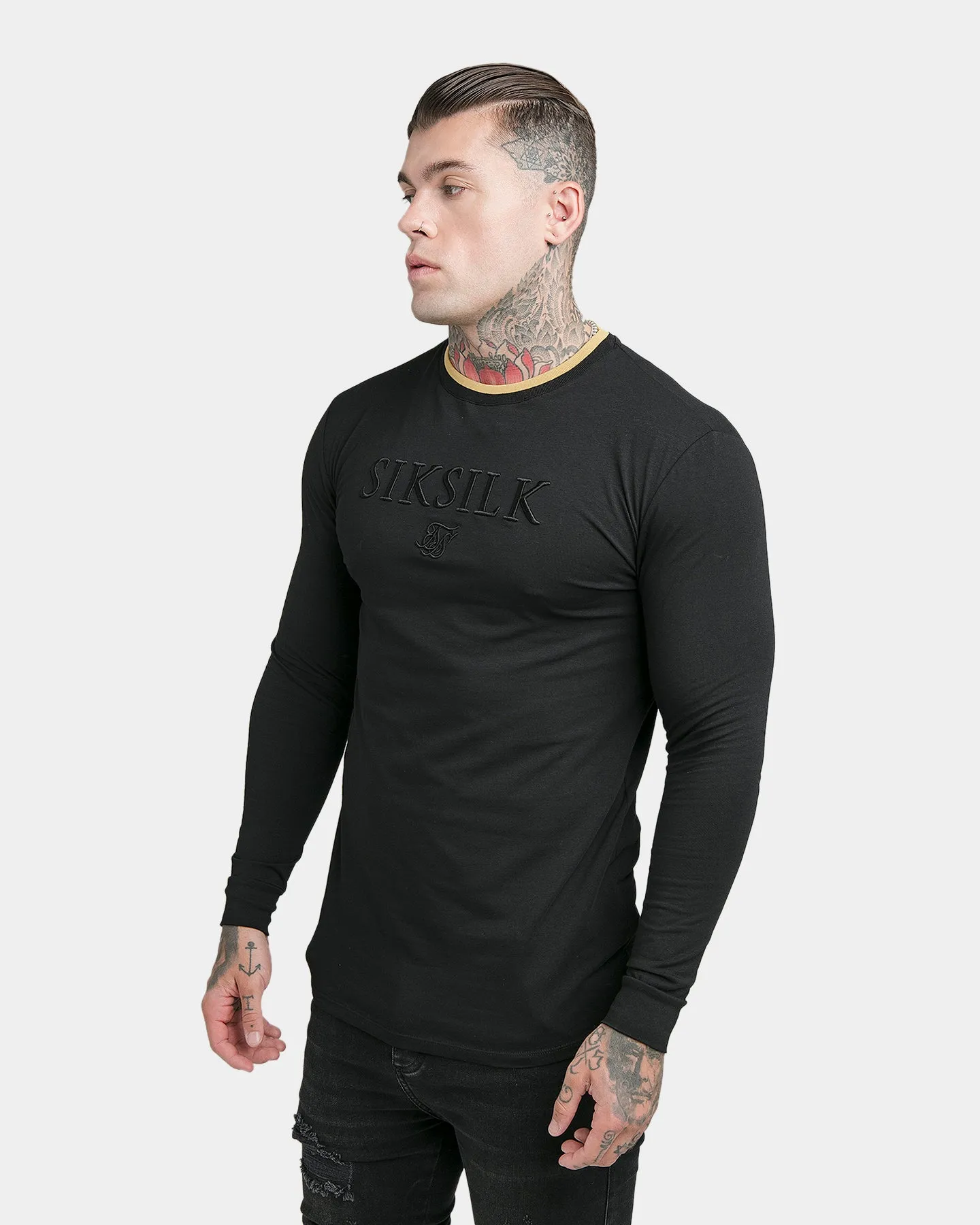 Sik Silk Long Sleeve Rip Collar Gym T-Shirt Black