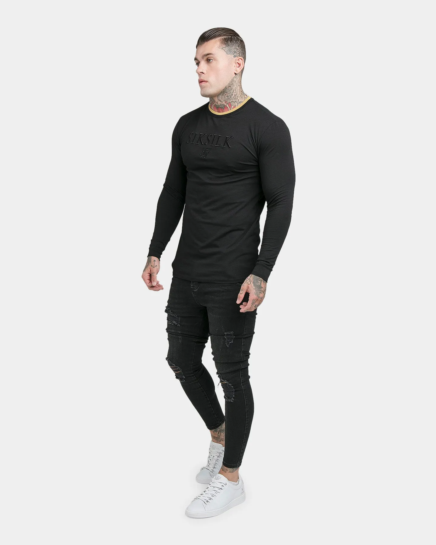 Sik Silk Long Sleeve Rip Collar Gym T-Shirt Black