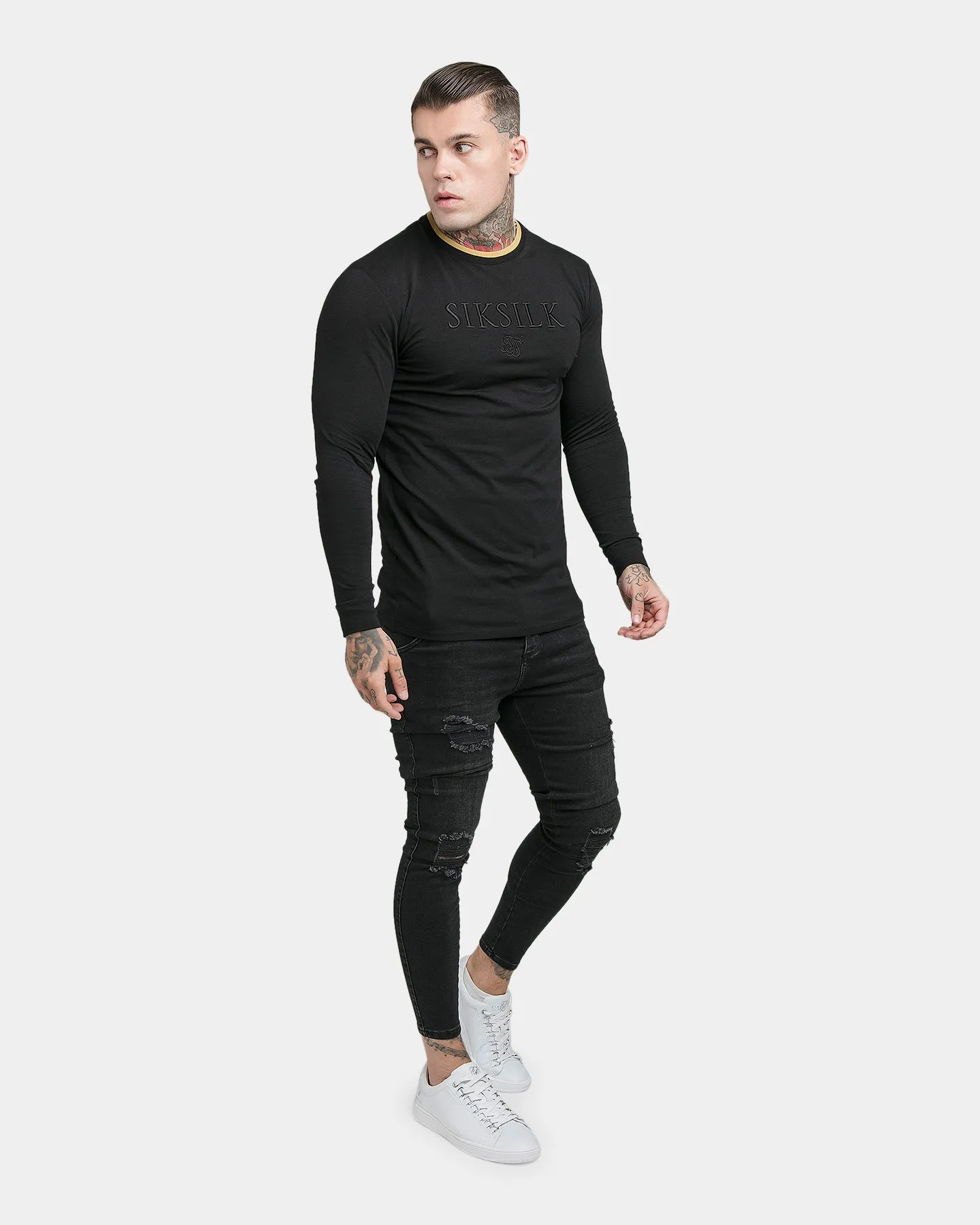 Sik Silk Long Sleeve Rip Collar Gym T-Shirt Black