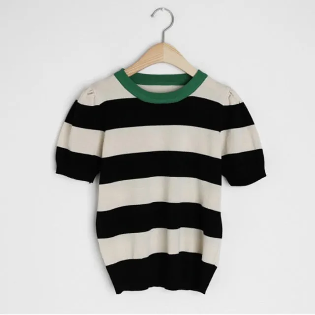 Summer Stripes Sexy Elastic Korean Style Slim Short Sleeve Tees