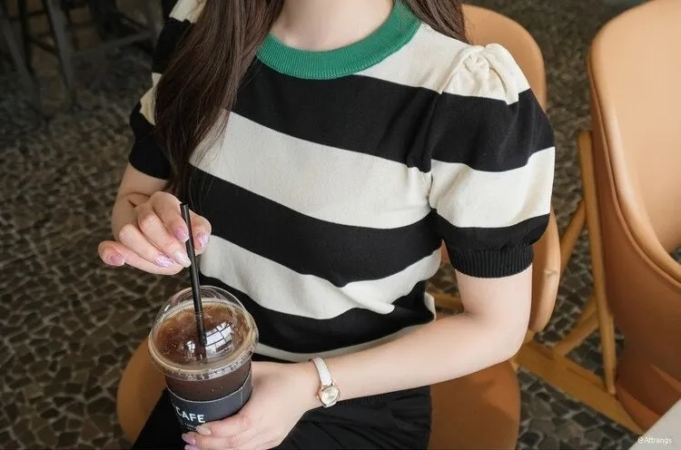 Summer Stripes Sexy Elastic Korean Style Slim Short Sleeve Tees