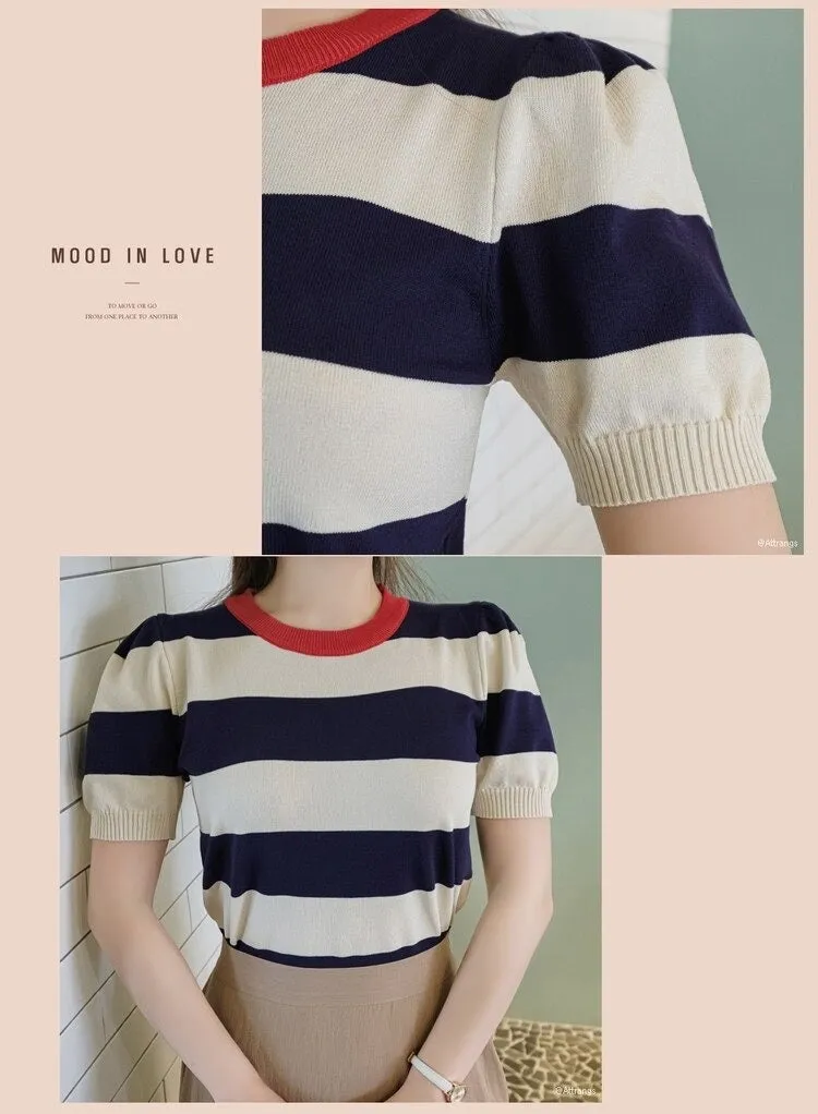 Summer Stripes Sexy Elastic Korean Style Slim Short Sleeve Tees