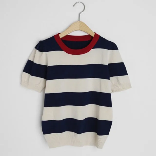 Summer Stripes Sexy Elastic Korean Style Slim Short Sleeve Tees