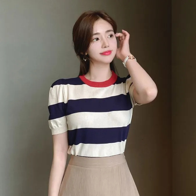 Summer Stripes Sexy Elastic Korean Style Slim Short Sleeve Tees