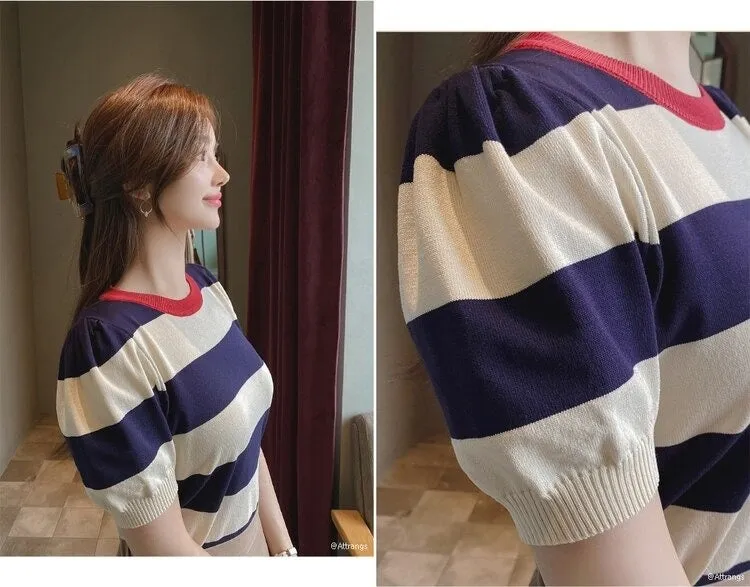 Summer Stripes Sexy Elastic Korean Style Slim Short Sleeve Tees