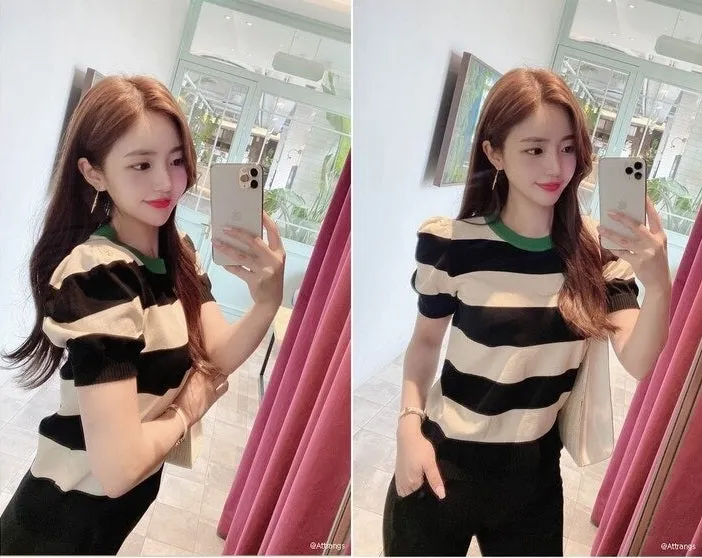 Summer Stripes Sexy Elastic Korean Style Slim Short Sleeve Tees