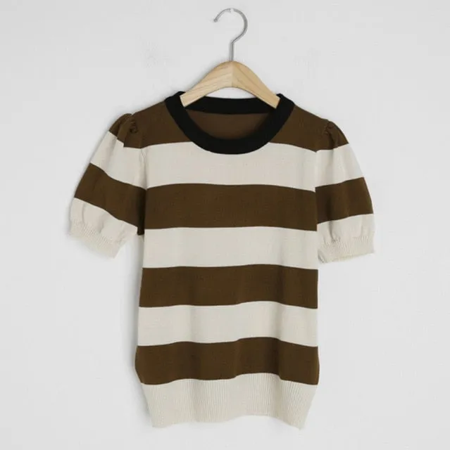 Summer Stripes Sexy Elastic Korean Style Slim Short Sleeve Tees