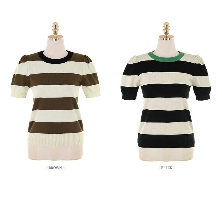 Summer Stripes Sexy Elastic Korean Style Slim Short Sleeve Tees