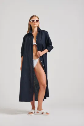 The Luna Long Linen Shirt Dress | French Navy