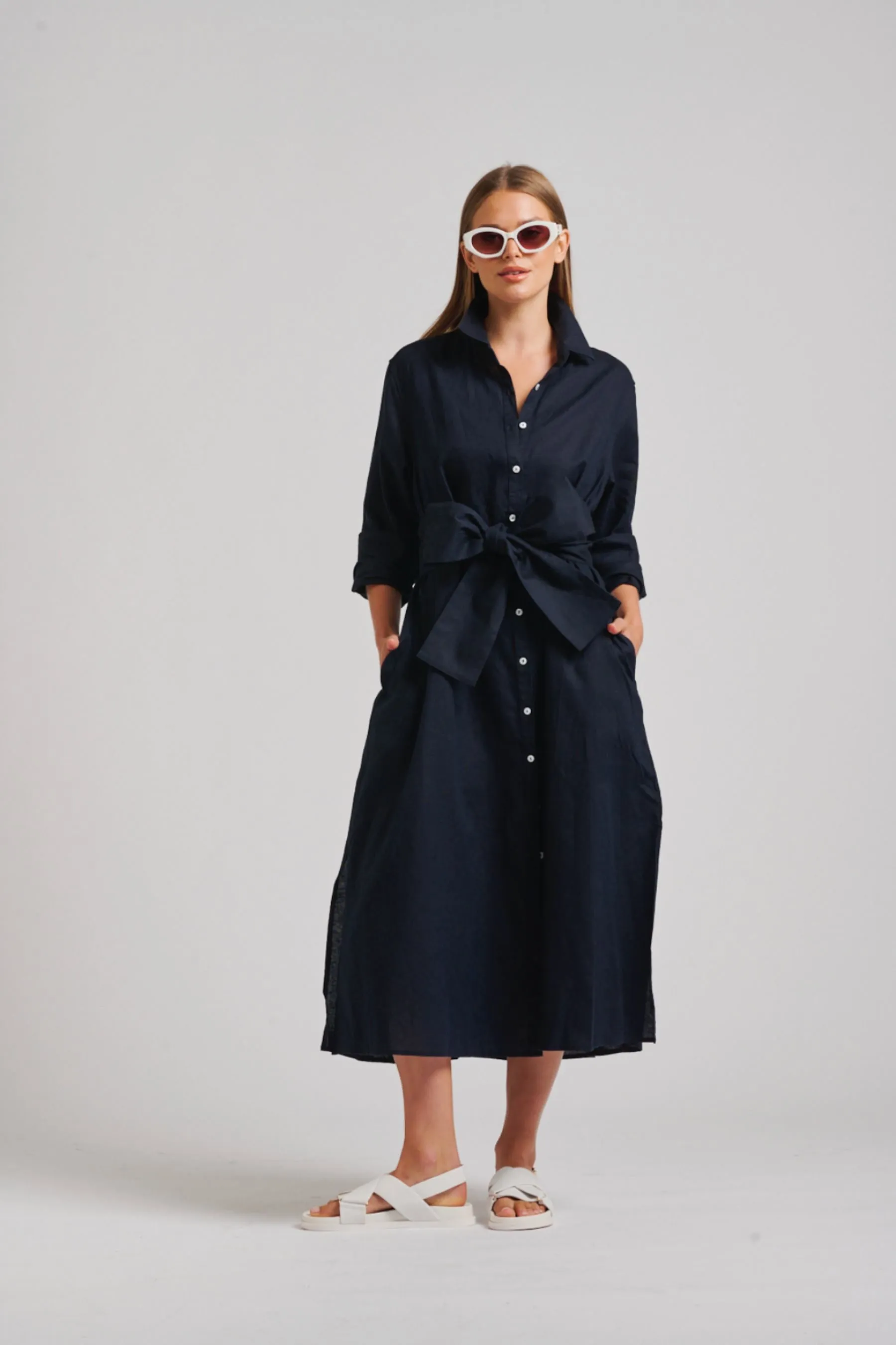 The Luna Long Linen Shirt Dress | French Navy